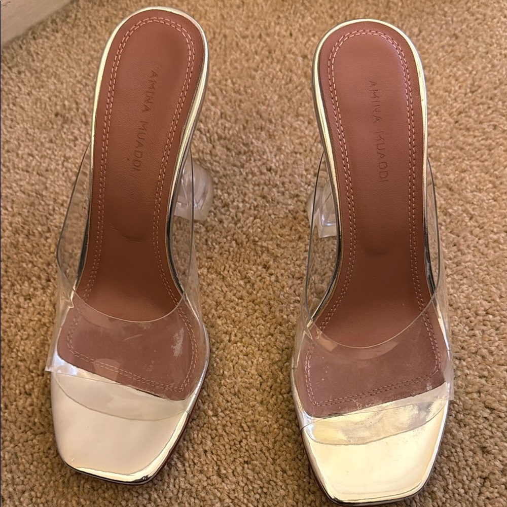 Amina Muaddi Clear and Silver Women's Heels